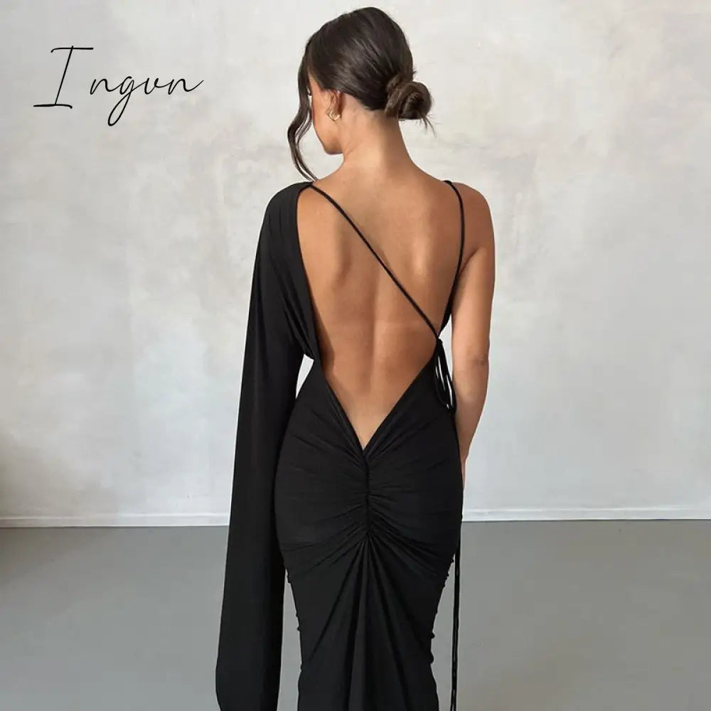 Ingvn - Fashion Draped Deep V Sexy Backless Maxi Dresses Party Club Women Elegant One Shoulder Gown Slip Dresses Ruched