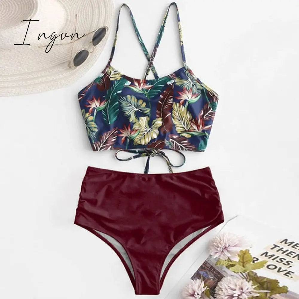 Ingvn - High Waist Bikini Leopard Swimsuit Women Bikini Floral Swimsuit Print High Neck Bikini Push Up Swimwear Snake Bathing Suit