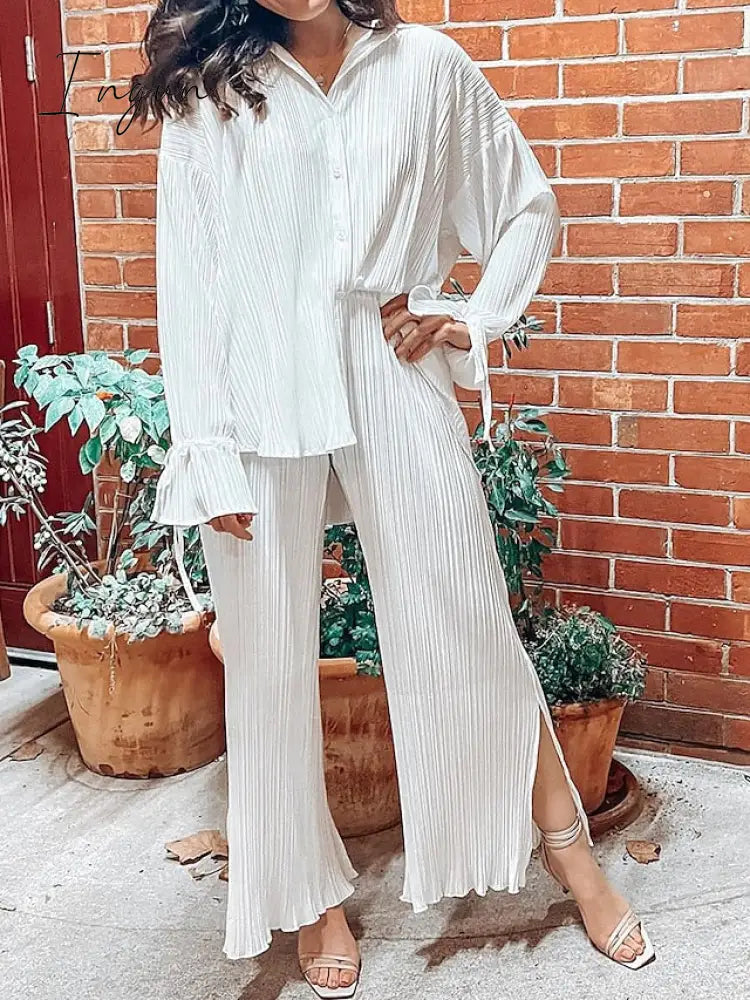 Ingvn - Women's Shirt Pants Sets Black White Light Green Solid Color Long Sleeve Casual Daily Fashion Shirt Collar Regular Fit Spring &  Fall