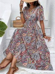 Plus Size Ethnic Floral Print Shirred Waist Dress, Casual Short Sleeve Dress For Spring & Summer, Women's Plus Size Clothing