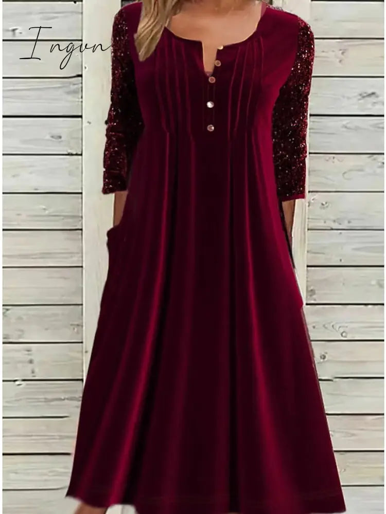 Ingvn - Women‘s Velvet Dress Red Midi Dress Midi Dress Red Half Sleeve Pure Color Velvet Fall Winter Crew Neck Modern 2023 S M L XL 2XL 3XL