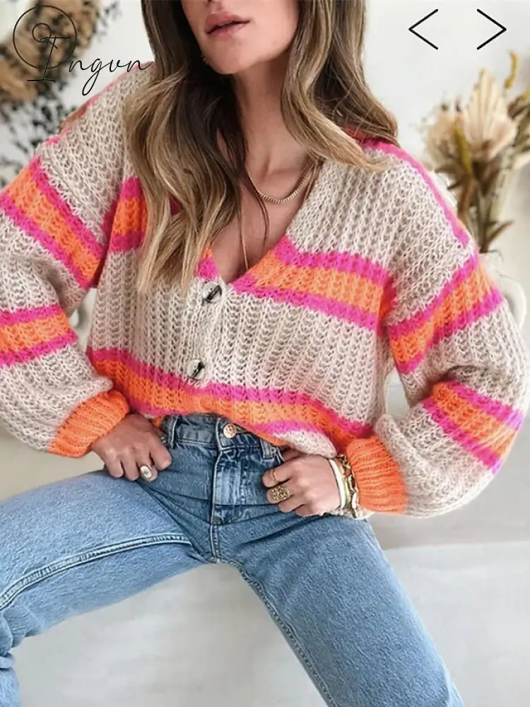 Ingvn - Women's Cardigan Sweater Jumper Chunky Knit Button Color Block V Neck Stylish Casual Outdoor Daily Fall Winter Blue Fuchsia One-Size