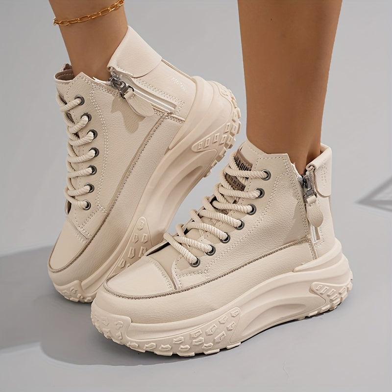 Plus Size Women's Comfortable High-Top Sneakers, Casual Lace Up Outdoor Shoes with Side Zipper