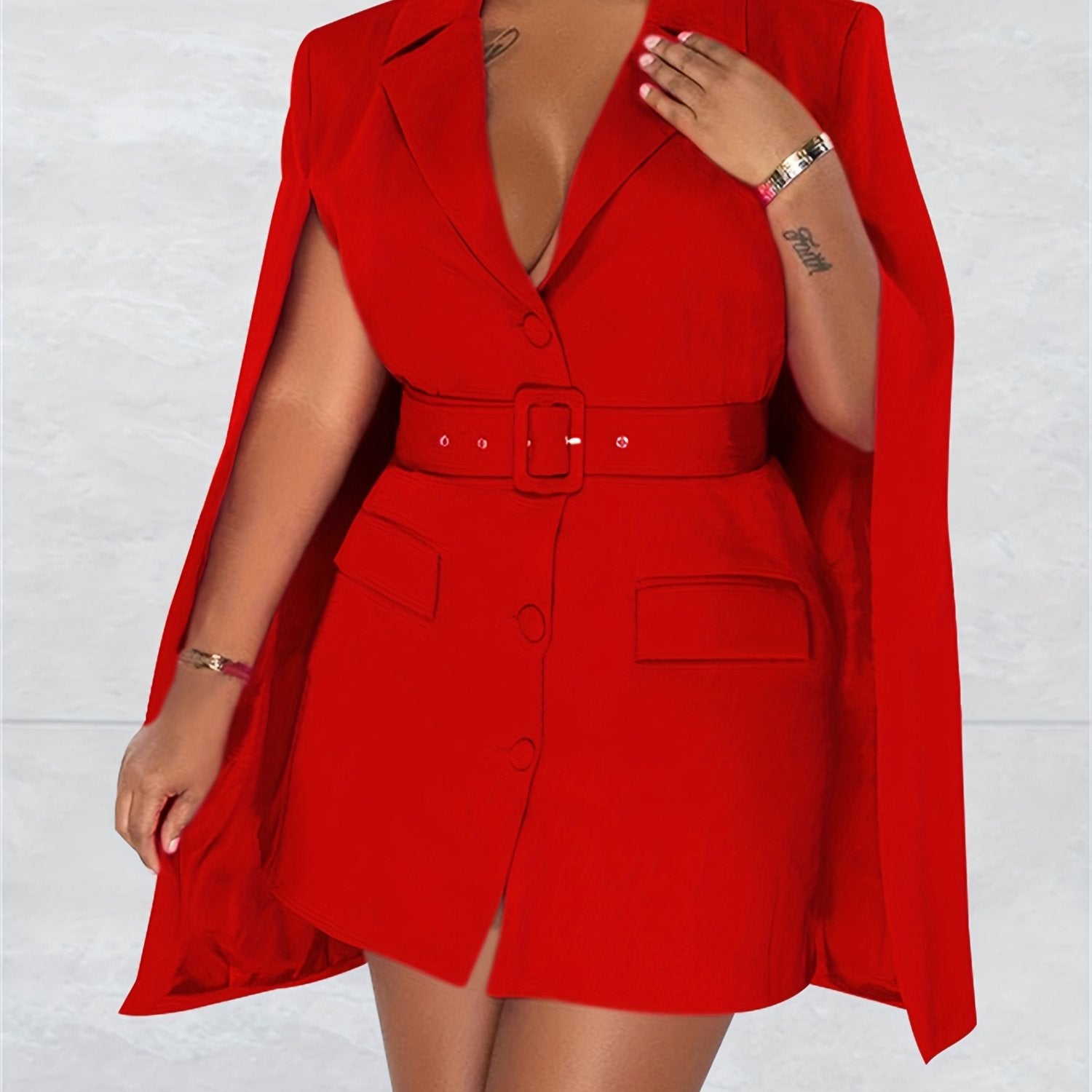 Cape Sleeves Lapel Collar Mini Dress With Belt And Button Front For Fall Winter 2024, Elegant Style, Prefect For Semi Formal Occasion, Wedding Guest And Church