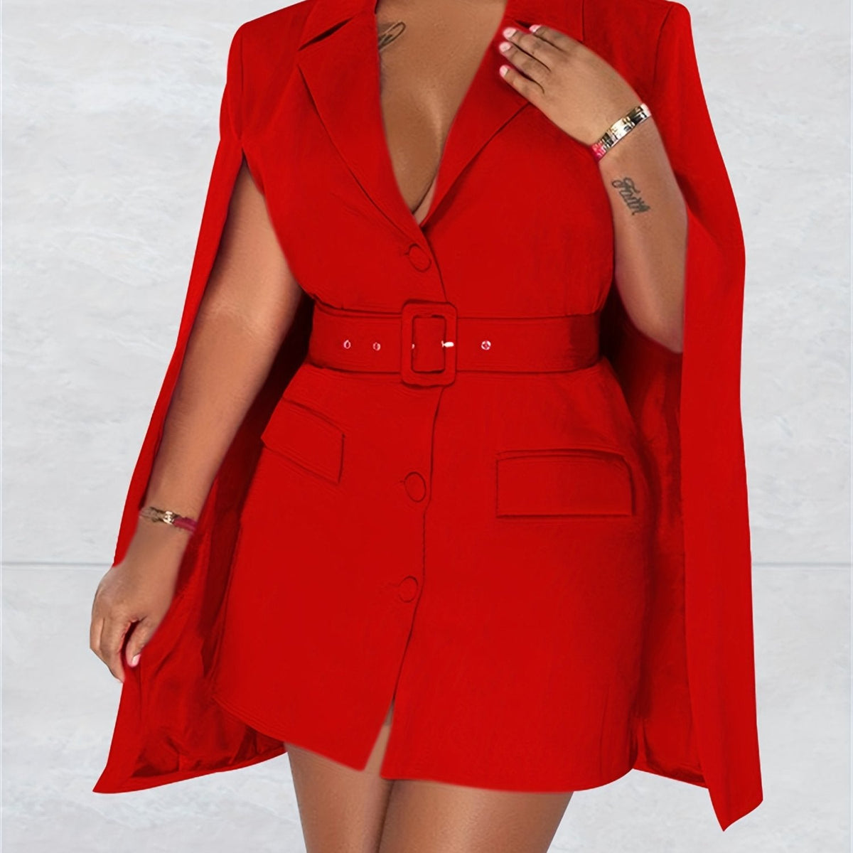 Cape Sleeves Lapel Collar Mini Dress With Belt And Button Front For Fall Winter 2024, Elegant Style, Prefect For Semi Formal Occasion, Wedding Guest And Church