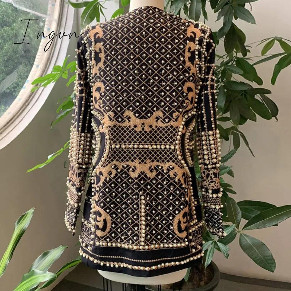 Ingvn - new Beaded Geometric Autumn Winter Long Sleeves V-Neck Vintage Ladies Outwear vintage fashion Overcoats