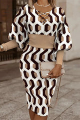 Ingvn - Vintage Elegant Geometric Print Contrast V Neck Wrapped Skirt Dresses
