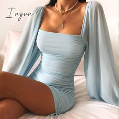 Ingvn - High Waist Long-Sleeve Sheath Mini Dress Blue Flat-Fitting Collar Sexy Dress Solid Color Fashion Slim Fit Bodycon Dresses
