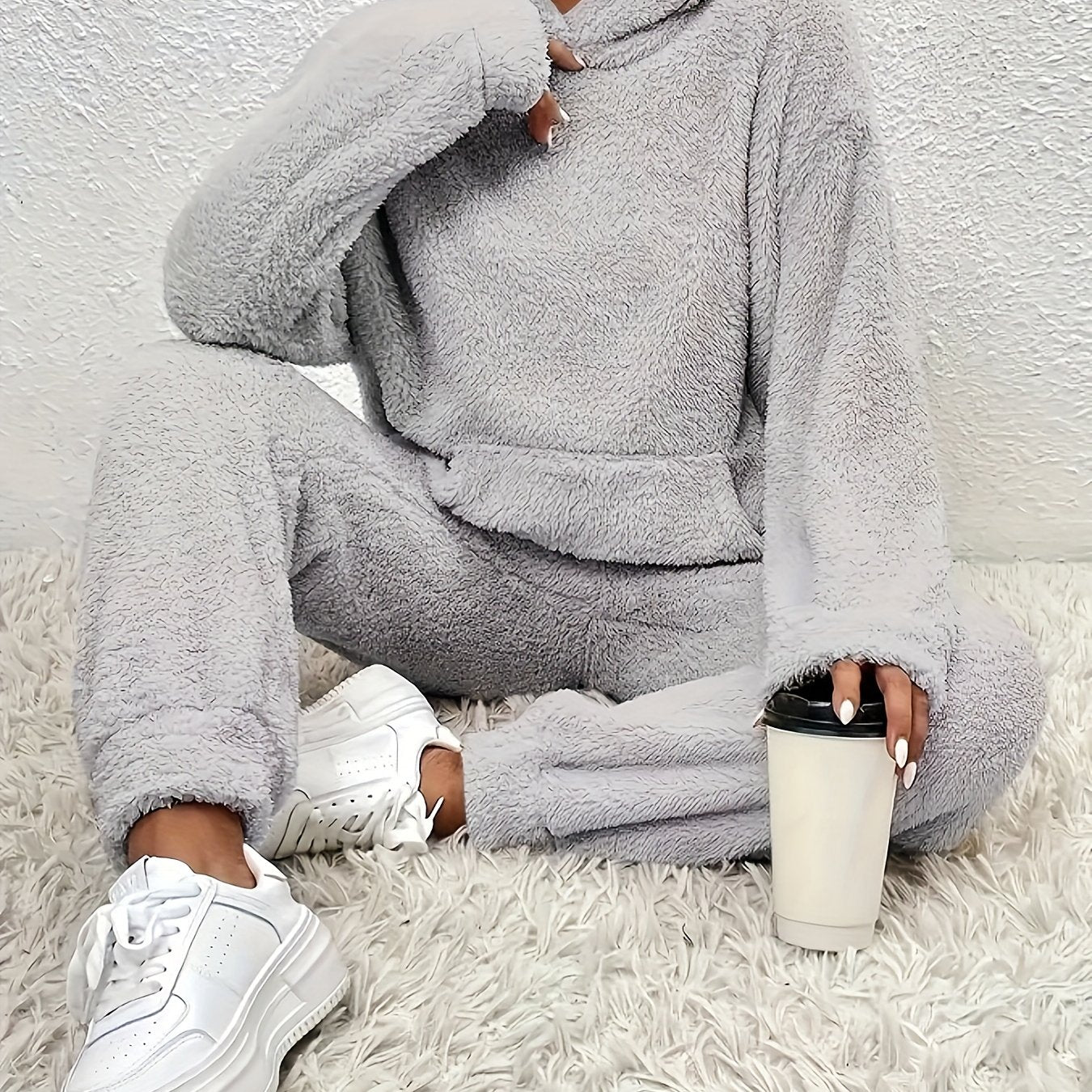 Solid Teddy Two-piece Set, Long Sleeve Kangaroo Pocket Hooded Tops & Long Length Warm Pants Outfits, Women's Clothing