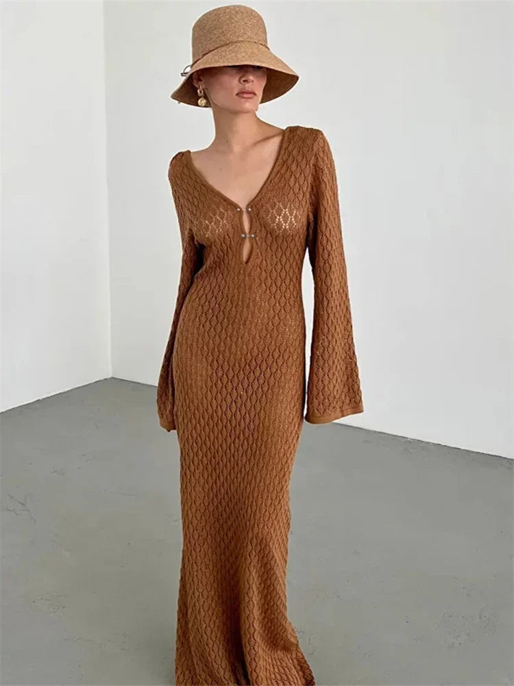 White Knit Fashion Cover up Maxi Dress Female See-Through V-Neck Hollow Out Beach Holiday Dress Knitwear Backless Dress