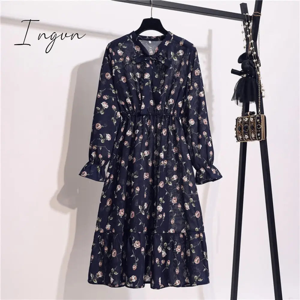 Ingvn - 11 Style Beautiful Fashion Summer Women Long Sleeve Dress Retro Collar Casual High Waist Dresses Floral Print Chiffon Clothing