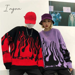 Ingvn - Autumn Winter Harajuku Flame Knitting Batwing Sleeve Sweater Casual Long Women Tide Printed Sweater Loose Boyfriend Pullovers
