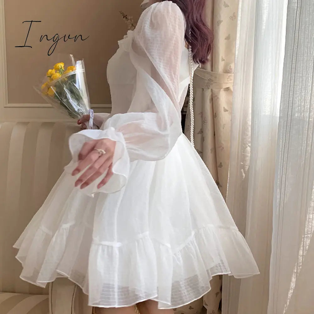 Ingvn - French Sweet Fairy Lolita Dress Women Long Sleeve Lace Y2k Mini Dress Vintage Kawaii Clothes One Piece Dress Korean Autumn