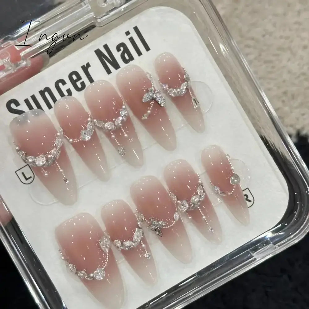 10Pcs Handmade Nails Set Press on Long Almond False Nail with Rhinestone Pink Camellia Design Reusable Full Cover Fake Nail Tips