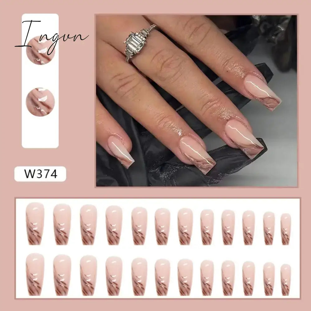 24pcs Mid-length Simple Smudged False Nails Wearable French Ballerina Fake Nails Full Cover Nail Tips Set Press On Nails