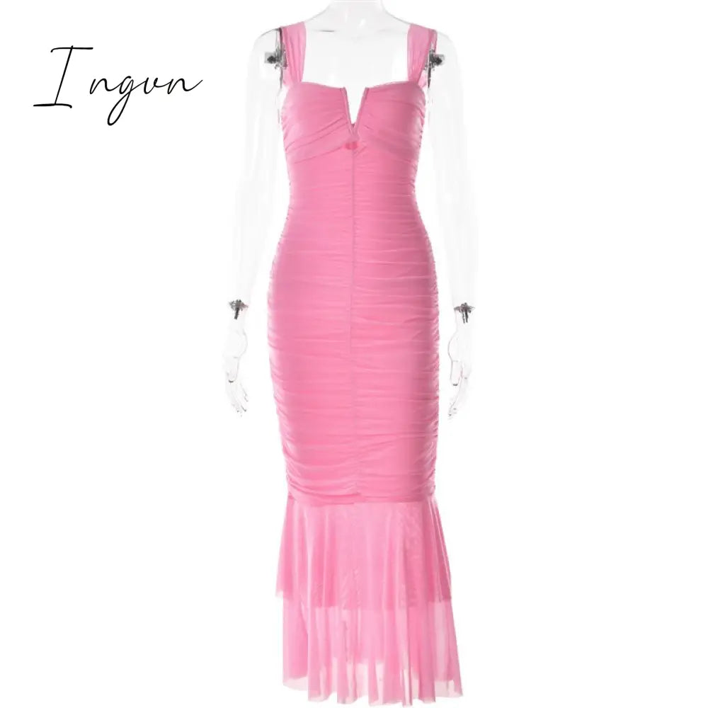 Ingvn - Hollow Out Backless Ruched Maxi Dress For Women Robe Elegant Spaghetti Strap Sleeveless Bodycon Party Long Dress