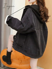 Ingvn - Streetwear Black Denim Jackets Women Korean Fashion Patchwork Hooded Spring Jacket Casual Chaquetas Veste En Jeans Pour Femme