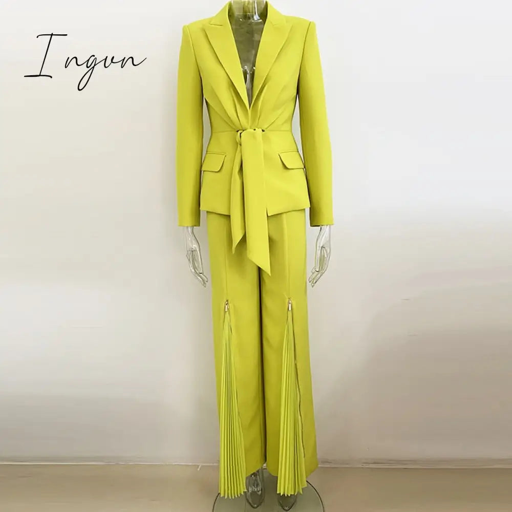 Ingvn - HIGH QUALITY Newest Fashion 2023 Designer Suit Set Women's Lacing Belt Blazer Pleated Zip Pants Set 2pcs Set
