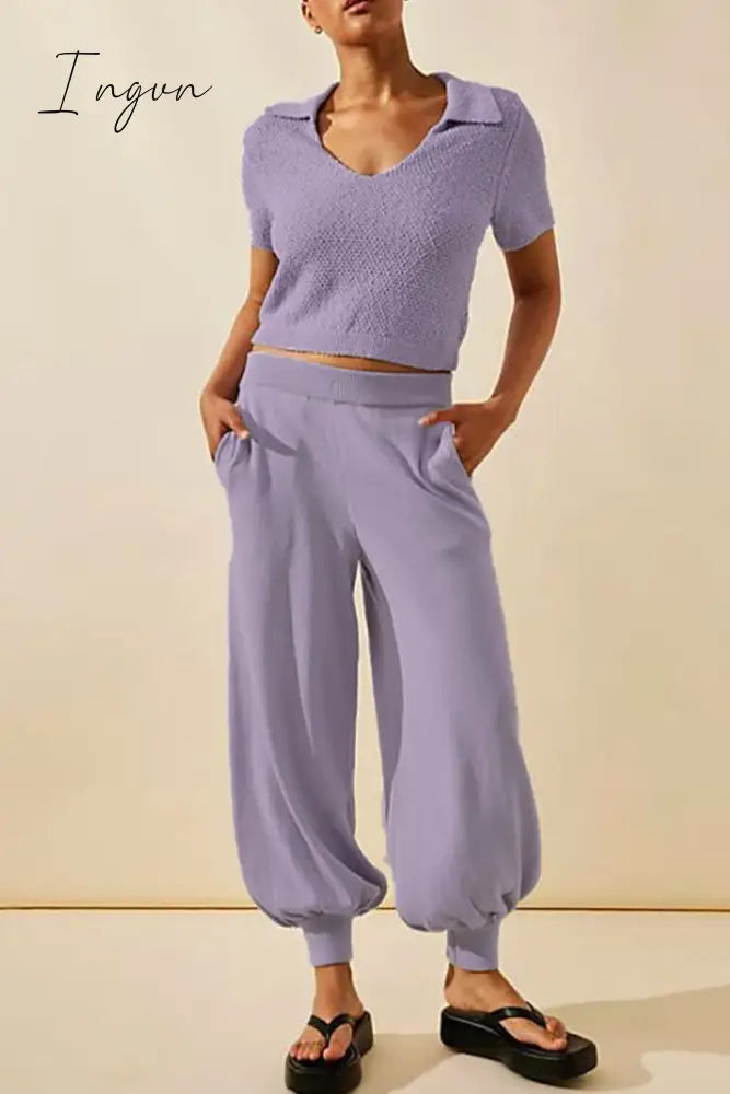 Ingvn - Casual Simplicity Solid Patchwork Pocket V Neck Short Sleeve Two Pieces