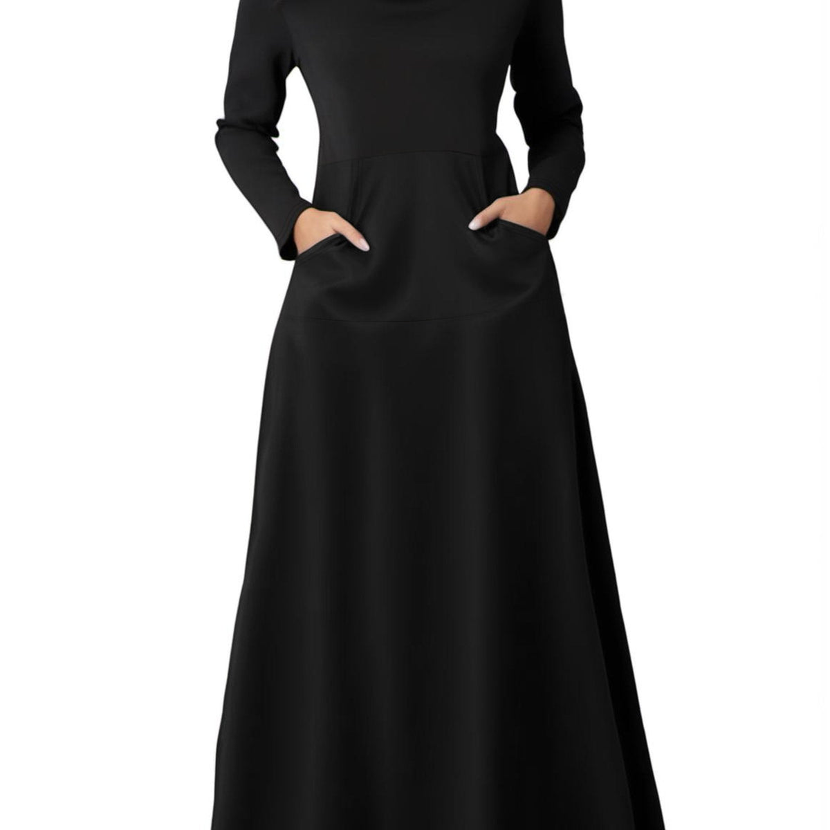 Elegant Long Sleeve Maxi Fit and Flare Dress with Pockets - Soft High Elasticity Polyester Fabric, Solid Color, Cowl Neck, Comfortable for All Seasons - Womens Everyday Wear