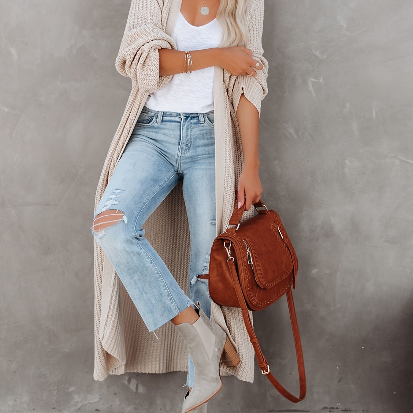Stylish & Cozy Open Front Cardigan - Long Sleeve, Stretch Knit, Solid Color, Perfect for Autumn/Winter