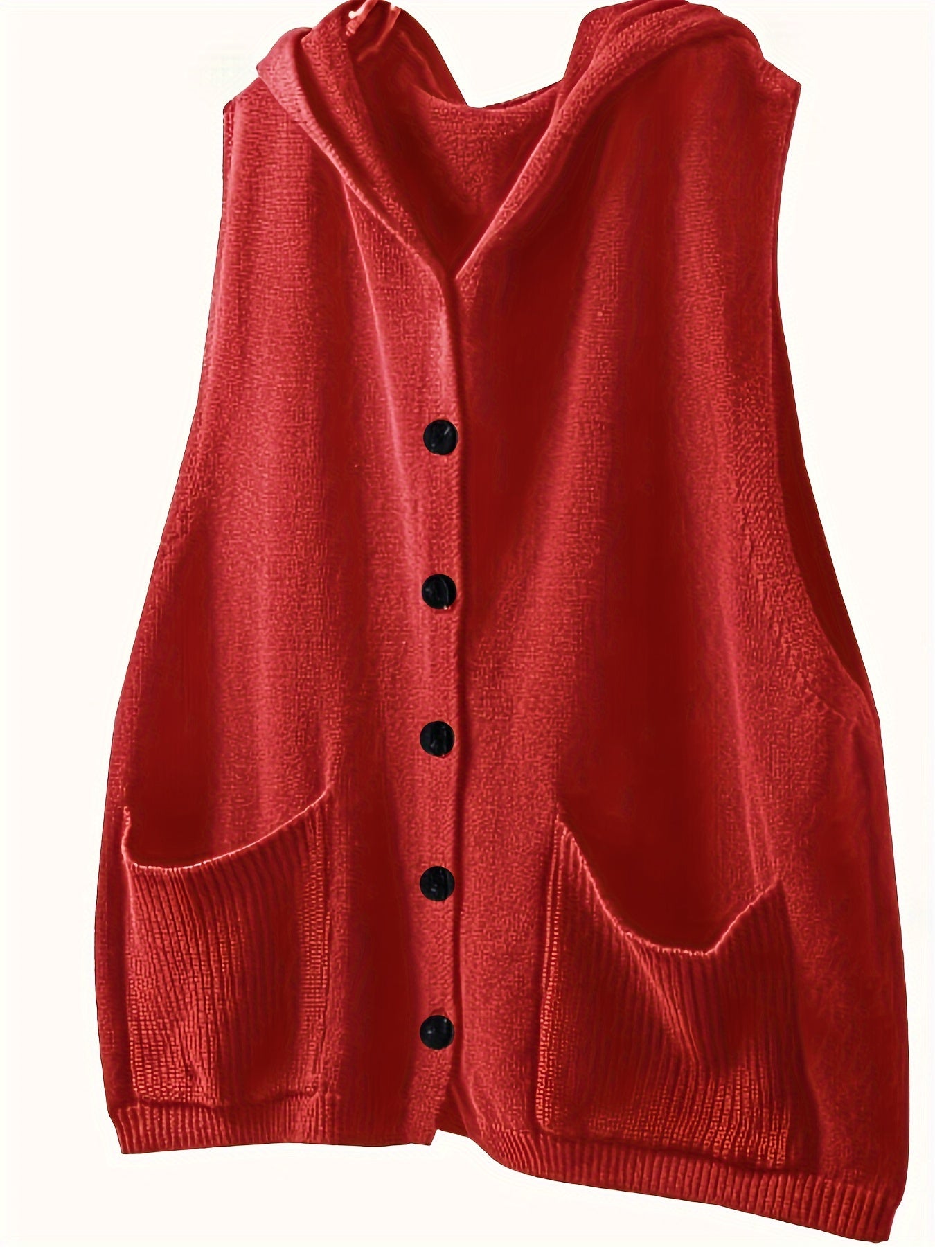 Women's Plus Size Solid Button Front Sleeveless Knitted Hooded Cardigan with Pockets, Casual Plus Size Clothing