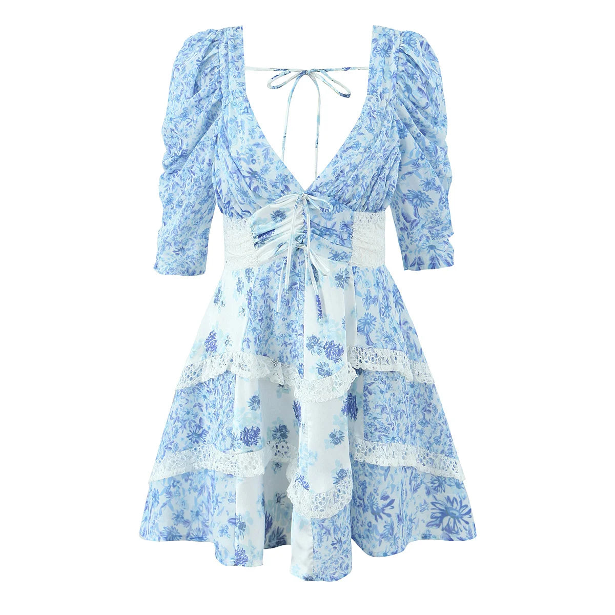 Lace Spliced Blue Floral Print Summer Dress Women Sexy Backless V Neck A-line Mini Dresses Holiday Vestido Boho Robe