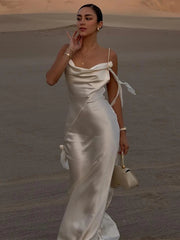 Elegant White Satin Backless Maxi Dress Women Sexy Sleeveless Spaghetti Strap Flower Decor Robe Night Club Party Dresses