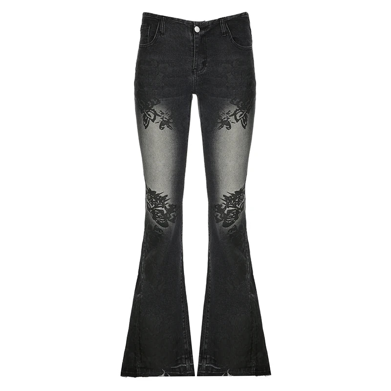 Streetwear y2k Flare Jeans Distressed 2000s Floral Print Low Rise Slim Denim Pants Korean Women Trousers Retro Mom Jeans