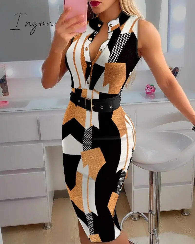 Ingvn - 2023 Fashion Women's Clothing Summer Elegant Round Neck Button Sleeveless Belt Casual Midi Dress Mid Waist Slim A-line Skirt