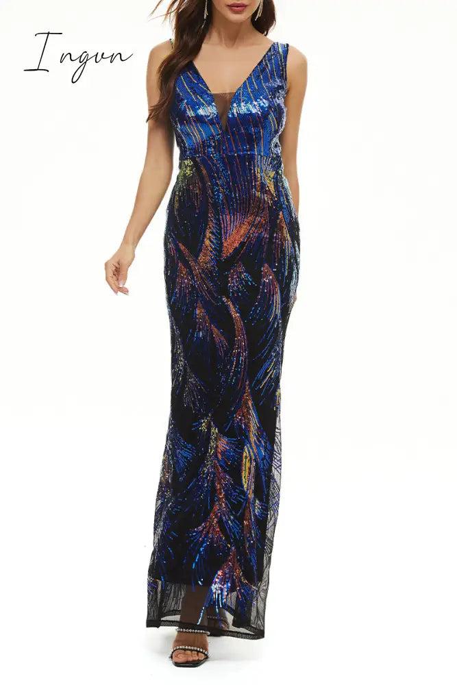 Ingvn - Elegant College Color Block Contrast V Neck Evening Dress Dresses
