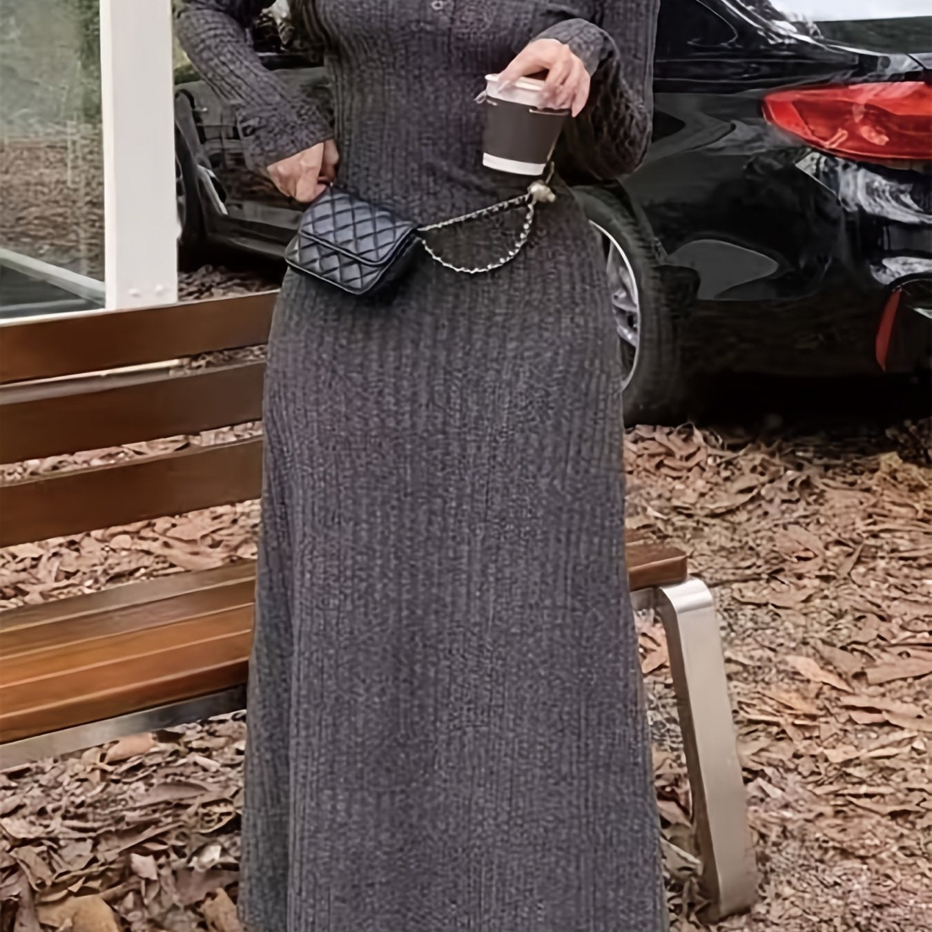 [Long Sleeve Fall Dress] Ribbed V Neck Dress, Casual Long Sleeve Dress For Fall & Winter, Women's Clothing