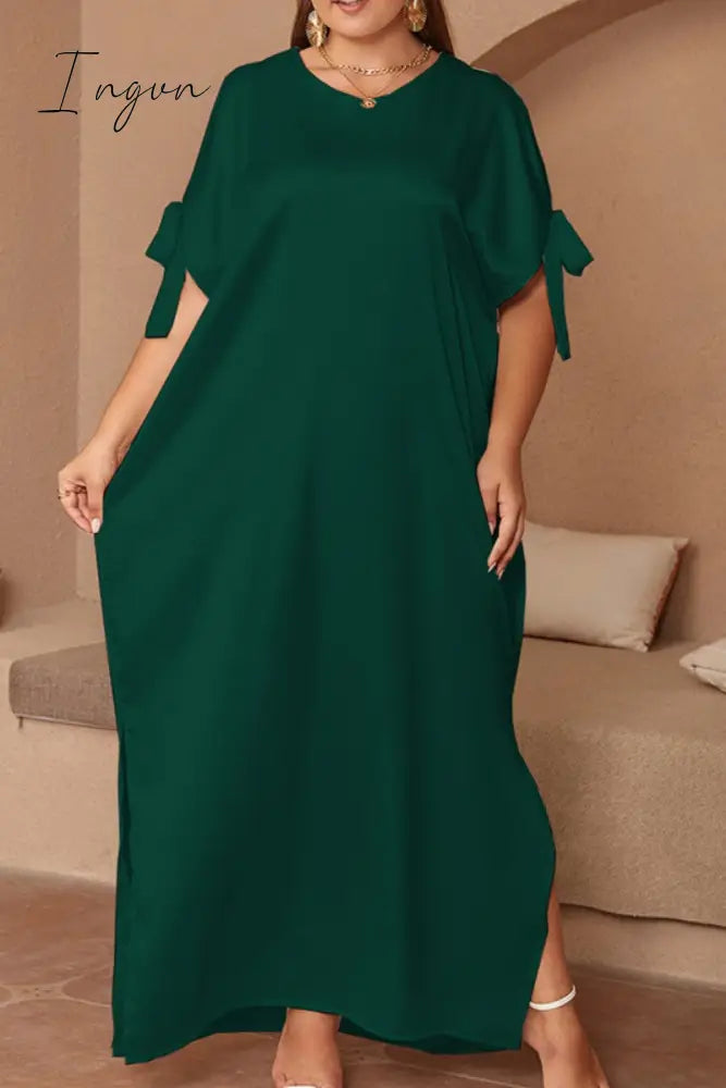 Ingvn - Casual Solid Frenulum Slit O Neck Long Dress Plus Size Dresses