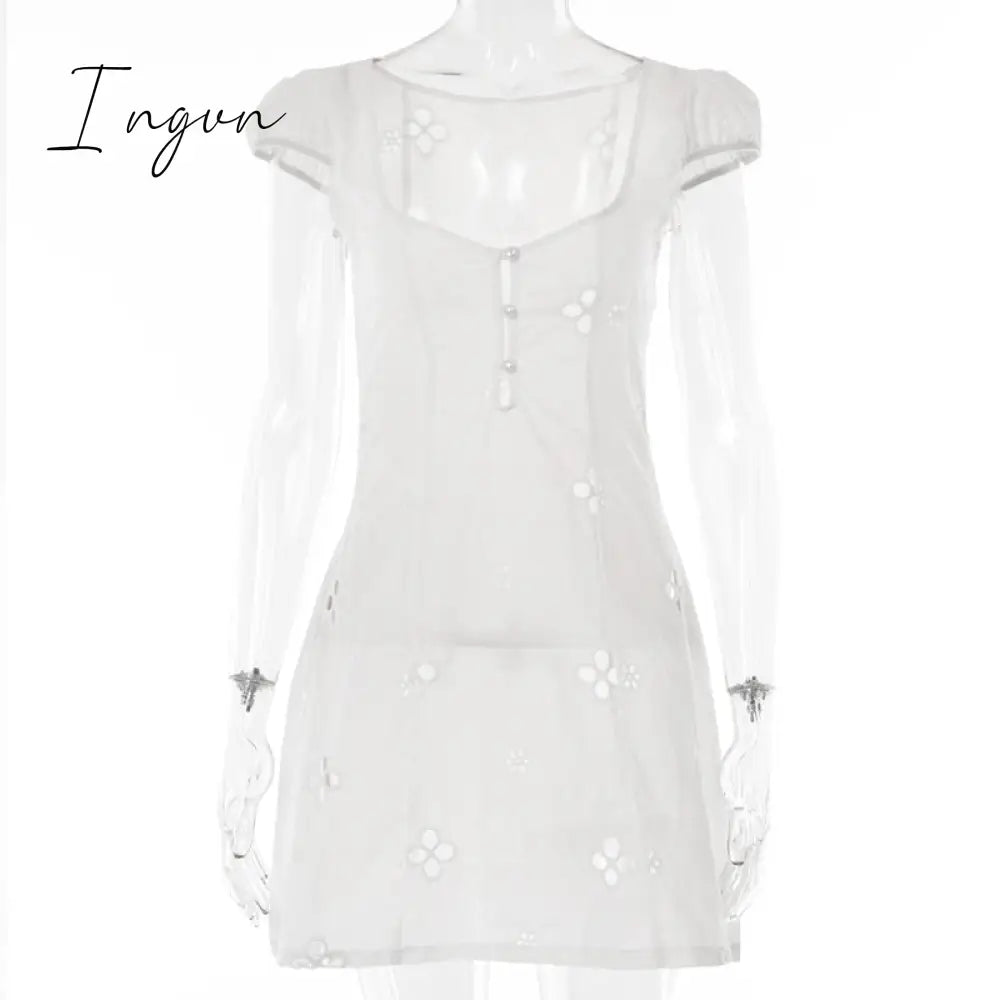 Ingvn - Square Collar Black Mini Dresses 2023 Summer Sexy High Waist Short Sleeve Beachwear Bodycon Hollow Out Sundress Female Ingvn