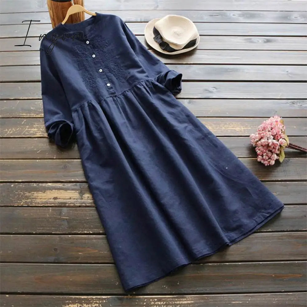 Ingvn - Autumn Embroidery Long Shirt Dress Vintage Women Casual Cotton Vestidos Women Long Sleeve Sundress Kaftan