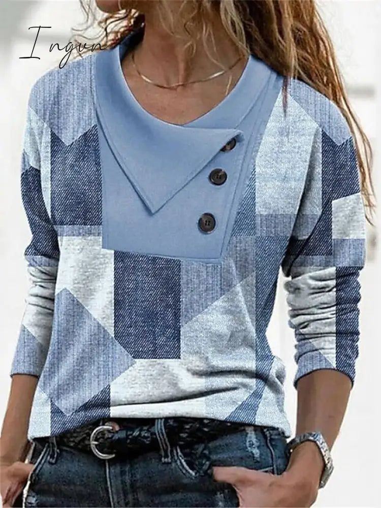 Ingvn - Women's T shirt Tee Red Navy Blue Blue Geometric Abstract Button Print Long Sleeve Casual Weekend Basic Pile Neck V Neck Geometric Painting