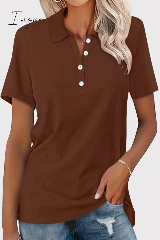 Ingvn - Casual Simplicity Solid Buckle Turndown Collar T-Shirts