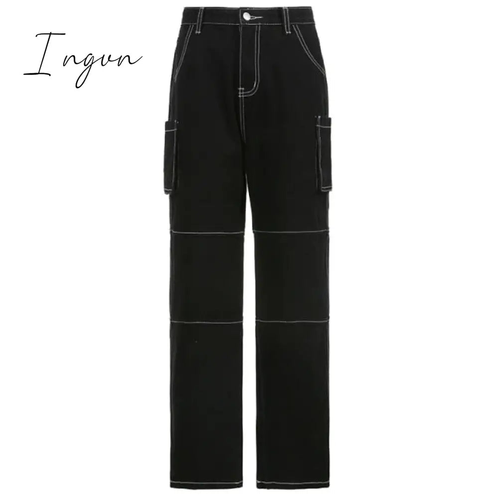 Ingvn - Weekeep Pockets Patchwork Baggy Jeans Fashion Streetwear 100% Cotton Women Denim Trouser Loose Cargo Pants Korean Jeans Harajuku