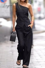 Ingvn - Elegant Solid Pocket Oblique Collar Sleeveless Two Pieces
