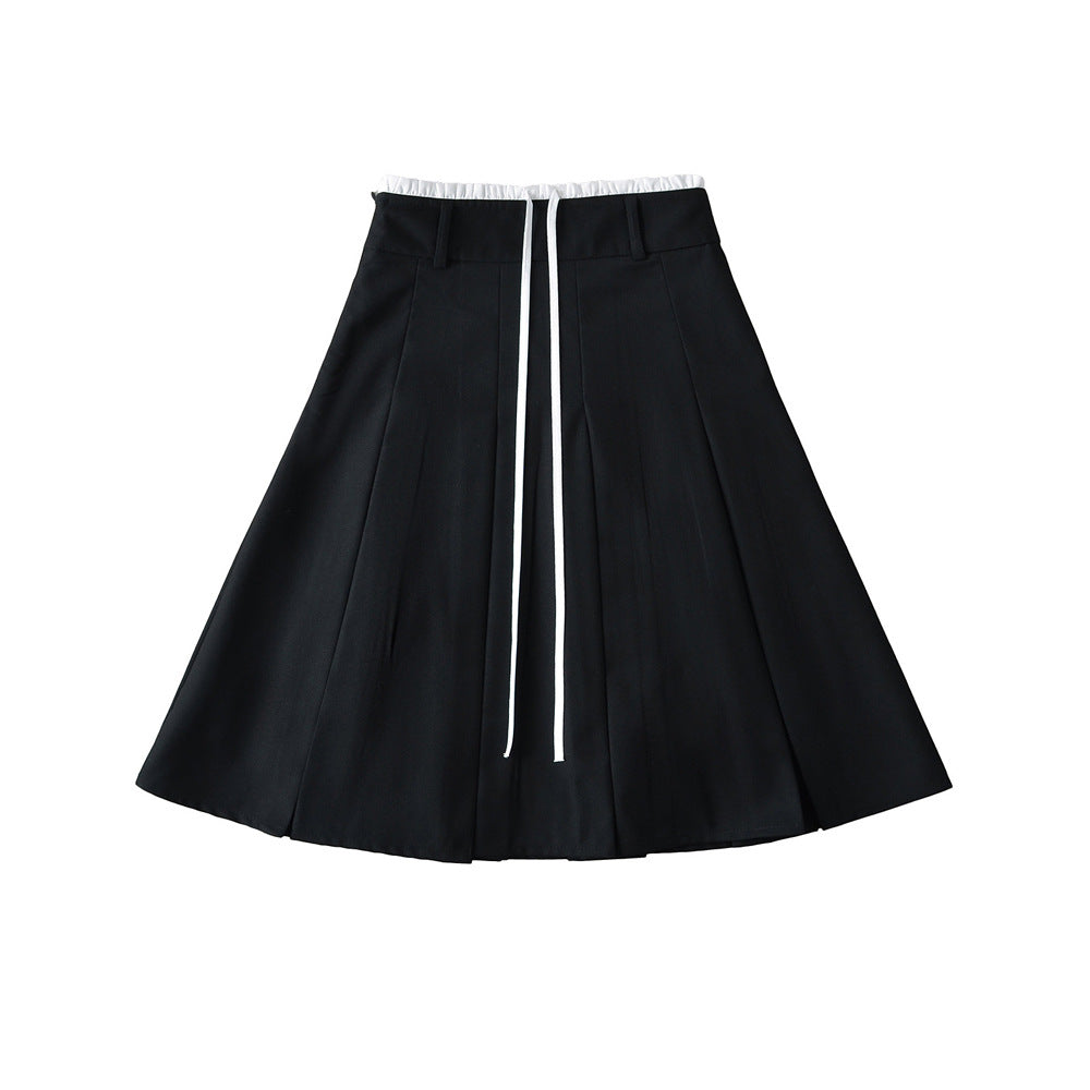 Casual Korean Contrast Color Drawstring Skirt Women's Autumn Mid-Length A-Line High Waist Slim Pleated Skirt Women