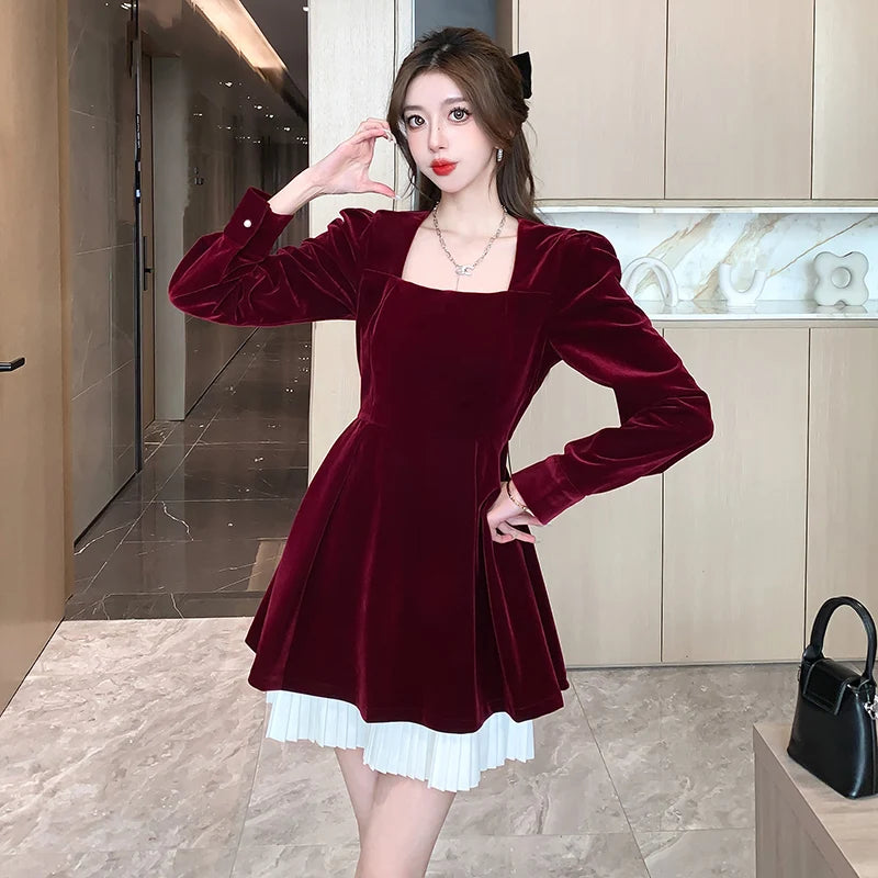 Korean Velvet Mini Dress Elegant Long Sleeve Square Collar Patchwork A-Line Birthday Party Vestidos High Waist Female Dresses