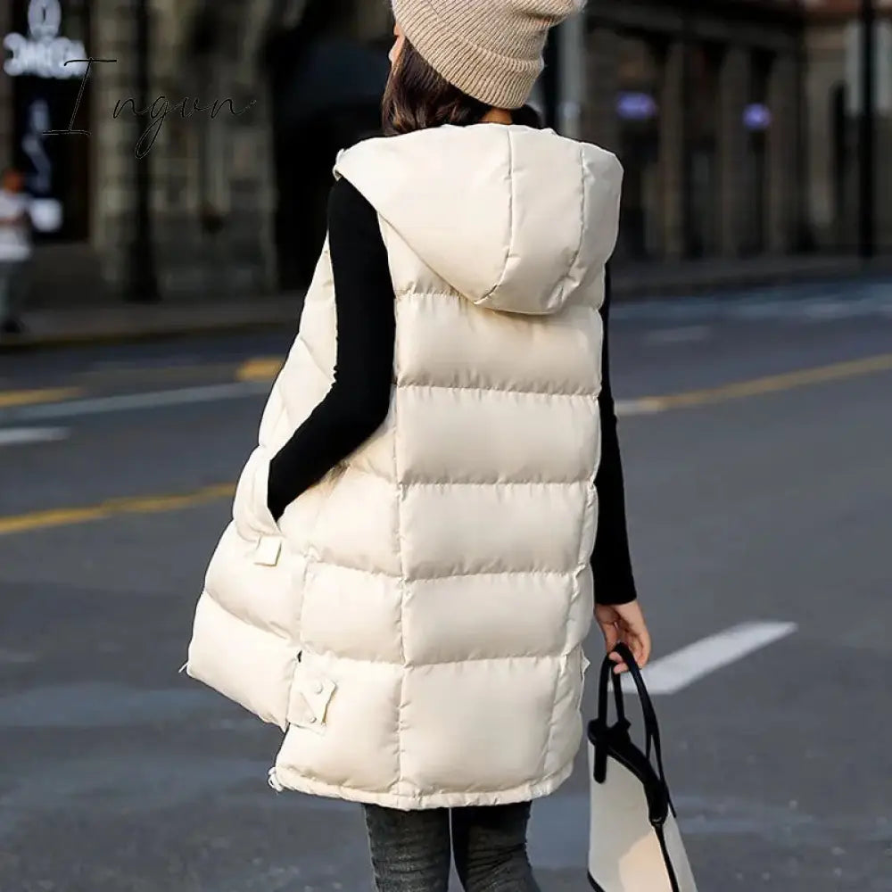 Ingvn - New Women's Vest Jacket Down Cotton Vest Autumn Winter Jacket Hooded Long Coat Sleeveless Loose Female Waistcoat Snow Wear