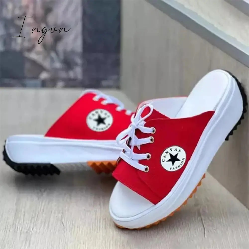 Ingvn - Casual Daily Peep Toe Canvas Lace-Up Sandals