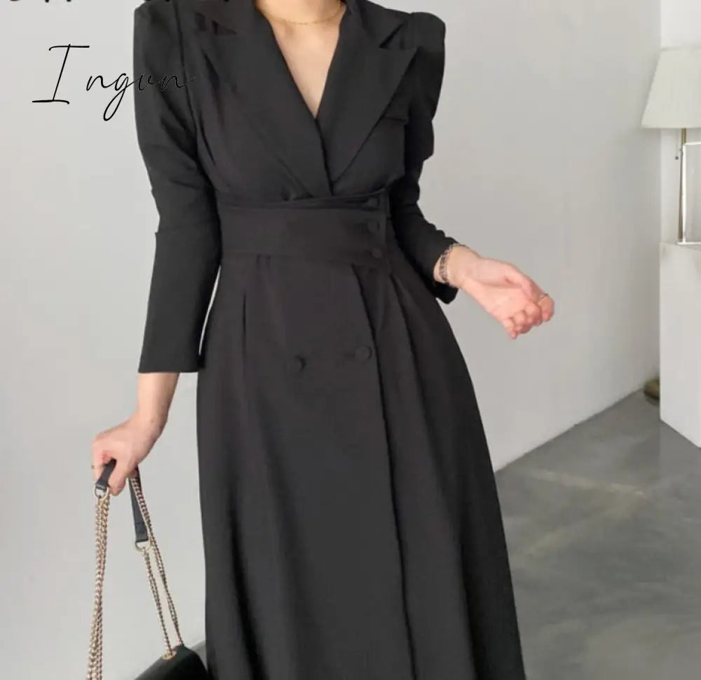 Ingvn - High Waisted Maxi Dresses for Women Long Sleeve Double Breasted Chic Korean Fashion Notched Vestido De Mujer Elegant Vintage Y2k