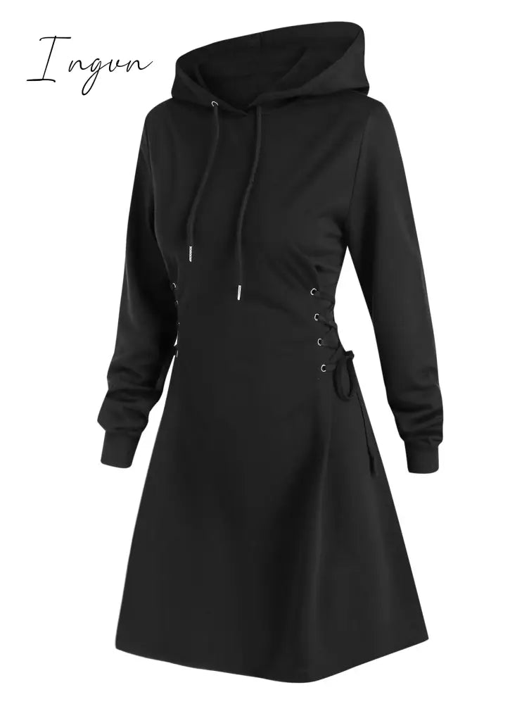 Ingvn - Casual Women Long Sleeve Autumn Dress Drawstring Lace Up Mini Hoodie Dress Vestidos Femme Gothic Fashion Dress Streetwear