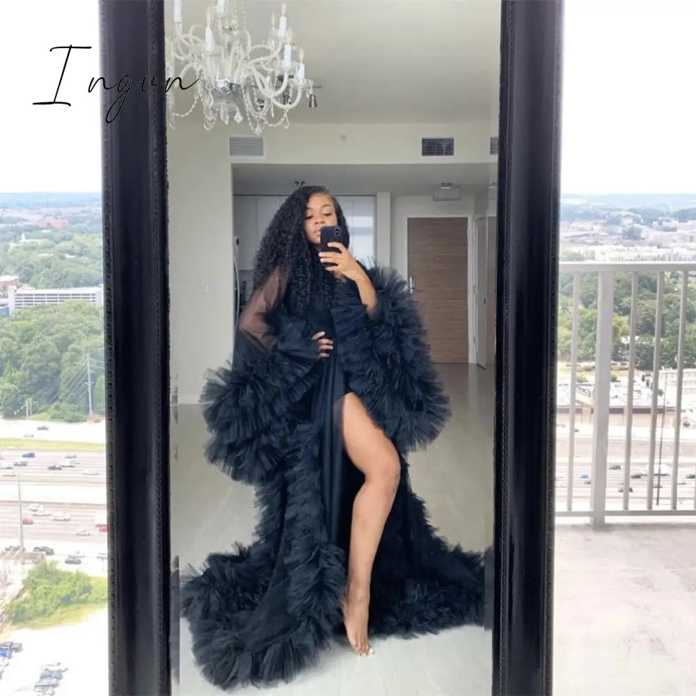 Ingvn - Chic See Thru Tulle Ruffles Photo Bathrobe Black Long Kimono Tiered Ruched A-line Prom Gowns Puffy Sleeves Bridesmaid Shawl Cape
