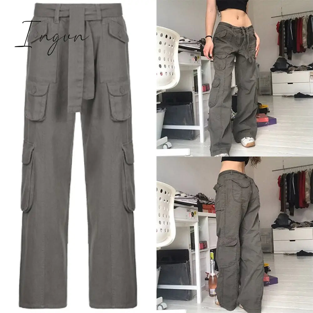 Ingvn - Women Spring Fashion Multi Pockets White Cargo Pants Women Adjustable Low Waist Baggy Wide Leg Jeans Oversized Casual Trousers Retro Bottoms Iamhotty