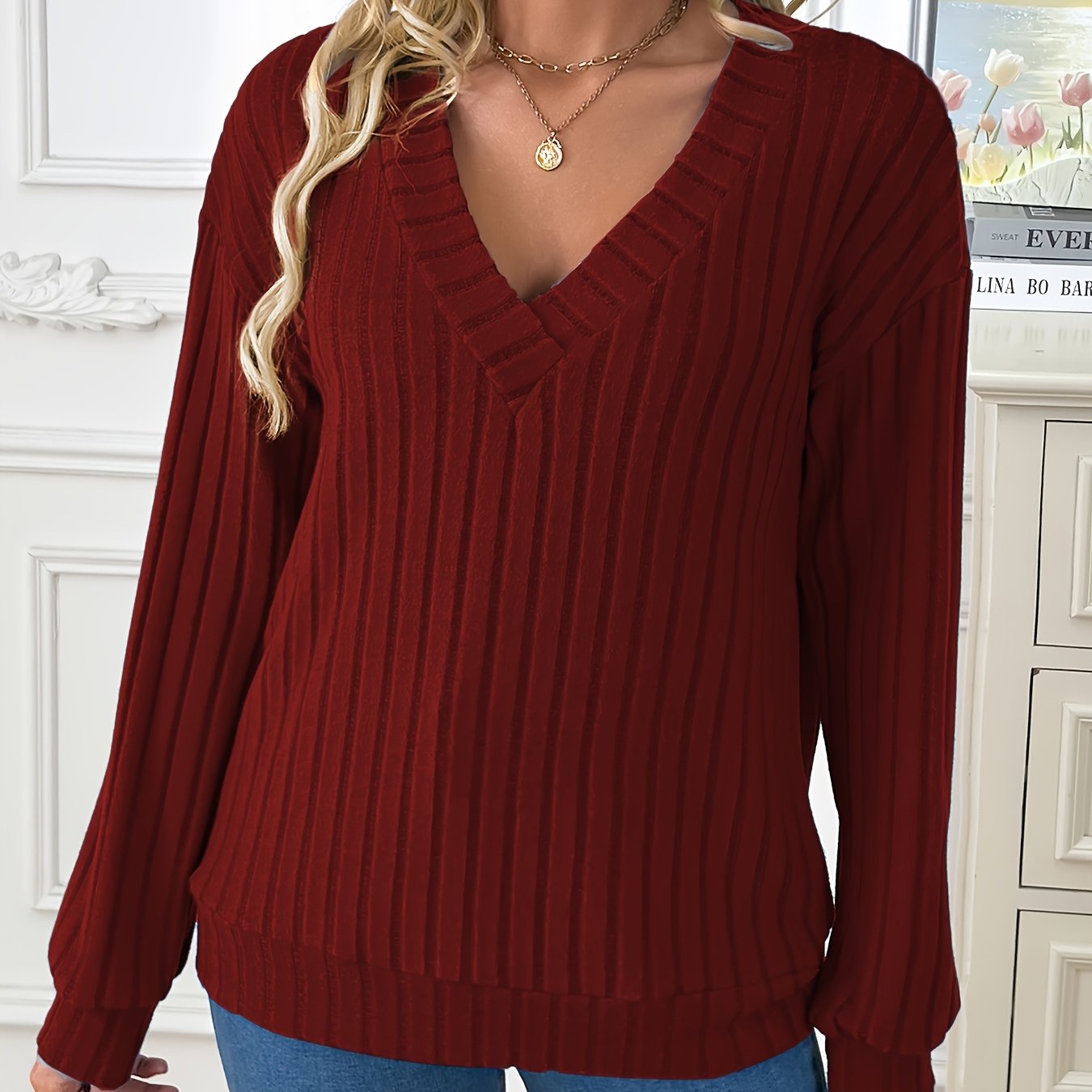 1pc Elegant Women'S V-Neck Ribbed Sweater - 100% Polyester Knit Fabric, Solid Color, Long Sleeve, Regular Length for Spring/Fall