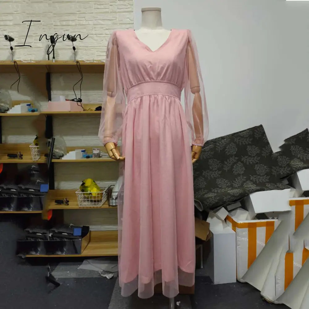 Ingvn - Deep V-Neck Women Mesh Dress Party Summer Long Puff Sleeve Pink Zipper A-Line Thin Waist Translucent Young Girls Clothes