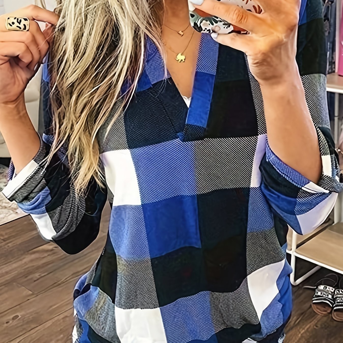 Casual Plaid Shirt, Long Sleeve V-neck Shirt, Casual Every Day Tops, Women's Clothing